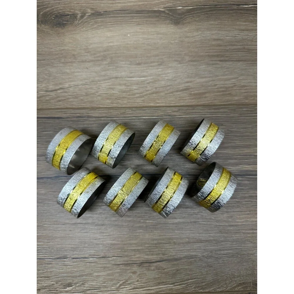 Vintage Mixed Metal Brushed Texture Napkin Rings Silver and Gold Set of 8